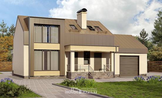 150-015-Л Проект двухэтажного дома с мансардой и гаражом, компактный коттедж из газобетона Пестово | Проекты домов от House Expert