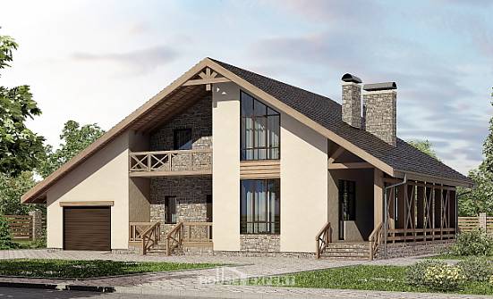 265-001-Л Проект двухэтажного дома с мансардным этажом, гараж, классический домик из теплоблока, Окуловка